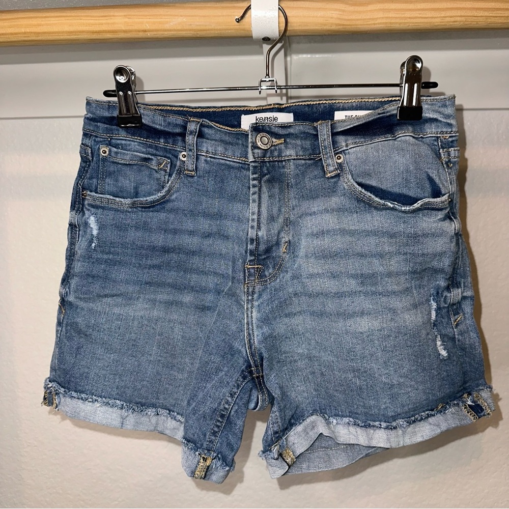 Kensie Blue Jean Shorts with Distressed Hem and Relaxed Fit